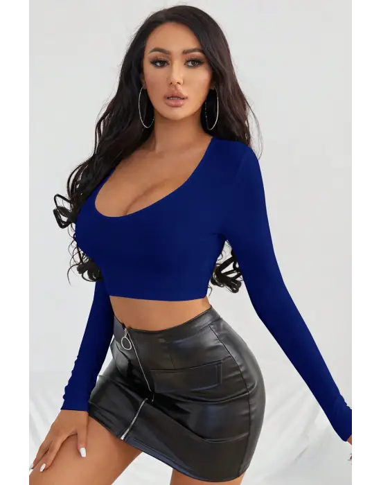 ieg™ Kadın Mavi Uzun Kol Kare Yaka Crop Top Bluz