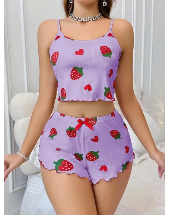 ieg™ Kadın Mor Çilek desenli Şortlu Pijama Takımı 5061