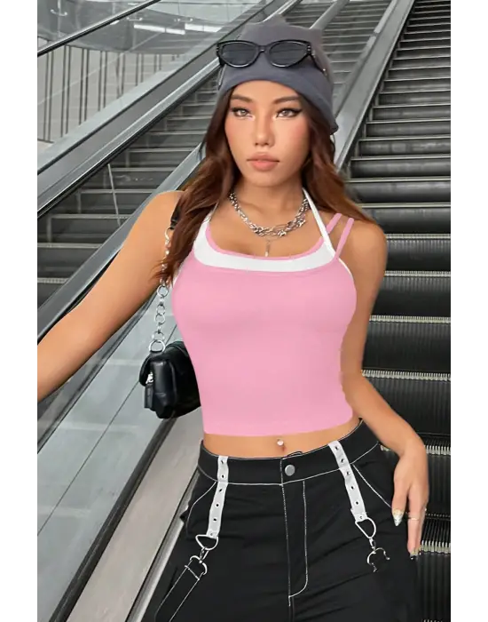 ieg™ Kadın Pembe Beyaz Çift Renk Çapraz Askılı Crop Top Bluz