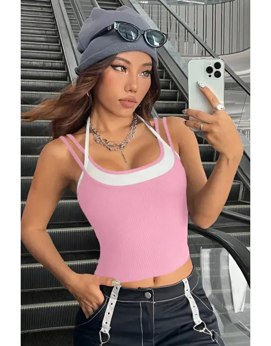 ieg™ Kadın Pembe Beyaz Çift Renk Çapraz Askılı Crop Top Bluz