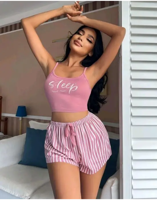 ieg™ Kadın pembe çizgili desen Askılı Şortlu Pijama Takım 5002