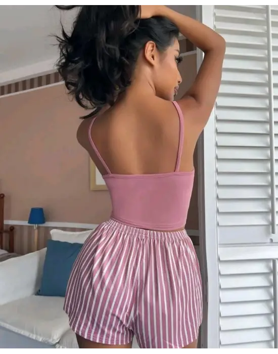ieg™ Kadın pembe çizgili desen Askılı Şortlu Pijama Takım 5002