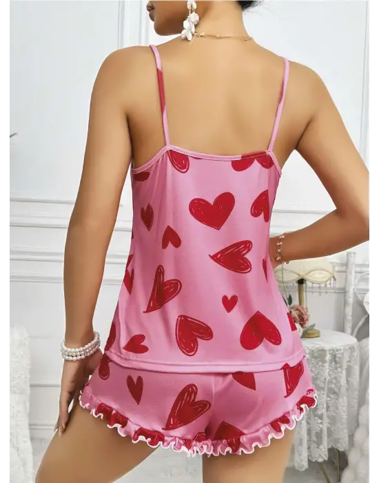 ieg™ Kadın Pembe Kalp Baskılı Şortlu Gecelik Pijama Takımı 5050