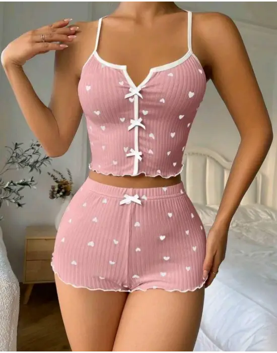 ieg™ Kadın Pembe Kalpli Askılı Şortlu Pijama Takım 5009