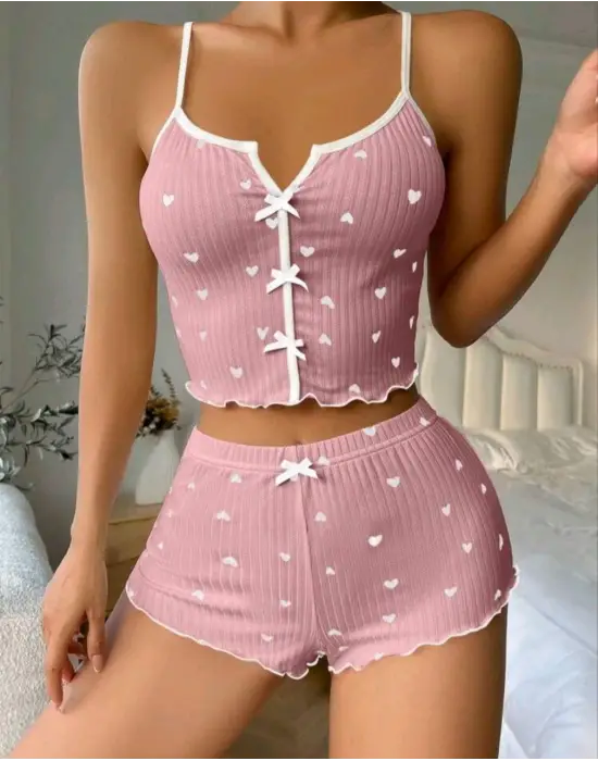ieg™ Kadın Pembe Kalpli Askılı Şortlu Pijama Takım 5009