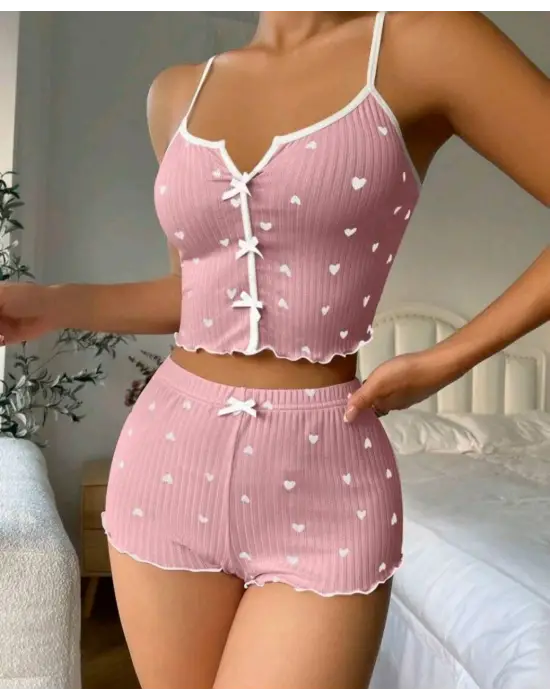 ieg™ Kadın Pembe Kalpli Askılı Şortlu Pijama Takım 5009