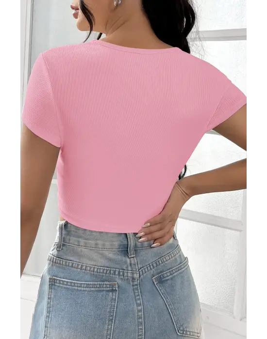ieg™ Kadın Pembe Yarım Kol Düz Yaka Crop Top Bluz