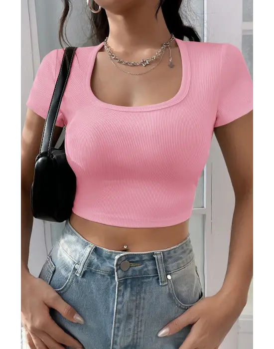 ieg™ Kadın Pembe Yarım Kol Düz Yaka Crop Top Bluz