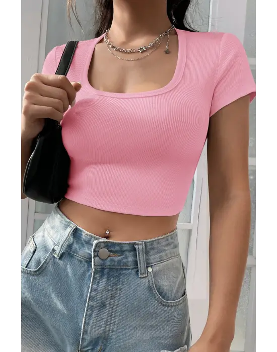 ieg™ Kadın Pembe Yarım Kol Düz Yaka Crop Top Bluz
