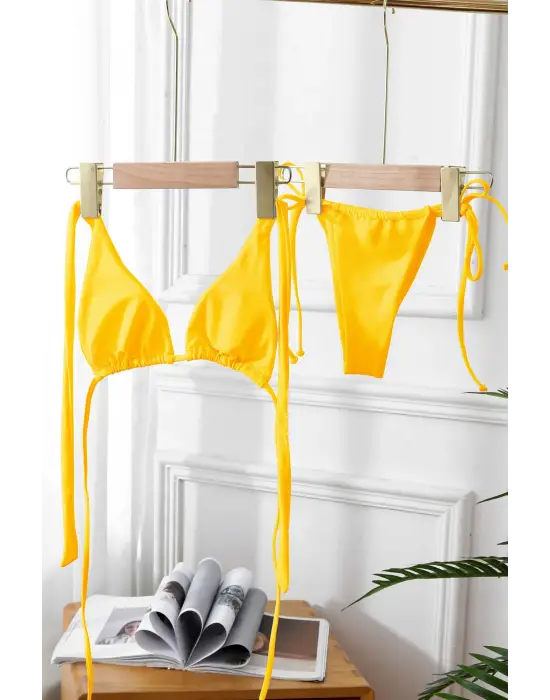 ieg™ Kadın Sarı Yandan Bağlamalı Tangalı Üçgen Bikini Mayo Takımı