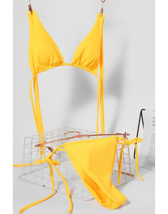 ieg™ Kadın Sarı Yandan Bağlamalı Tangalı Üçgen Bikini Mayo Takımı