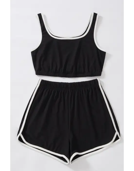 ieg™ Kadın Siyah Askılı Crop Top ve Şortlu Gecelik Takım