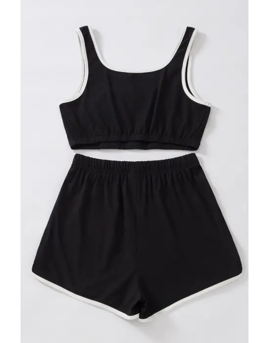 ieg™ Kadın Siyah Askılı Crop Top ve Şortlu Gecelik Takım