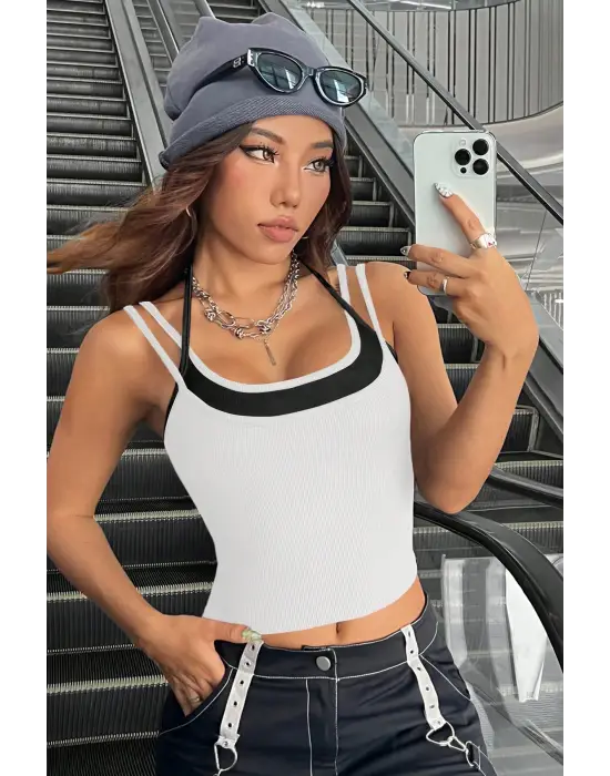 ieg™ Kadın Siyah Beyaz Çift Renk Çapraz Askılı Crop Top Bluz