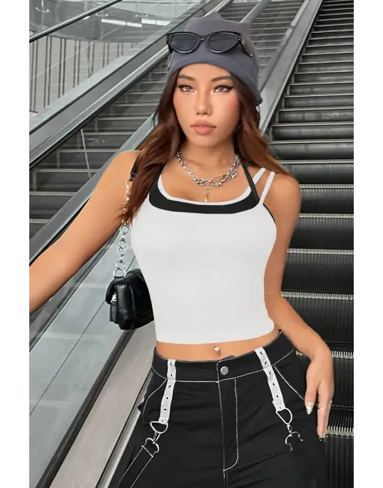 ieg™ Kadın Siyah Beyaz Çift Renk Çapraz Askılı Crop Top Bluz