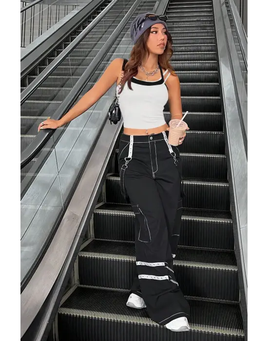 ieg™ Kadın Siyah Beyaz Çift Renk Çapraz Askılı Crop Top Bluz