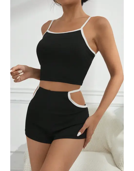 ieg™ Kadın Siyah Beyaz Şortlu Cut-Out Detaylı Gecelik Takımı