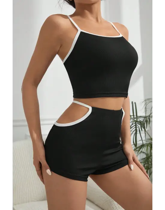 ieg™ Kadın Siyah Beyaz Şortlu Cut-Out Detaylı Gecelik Takımı