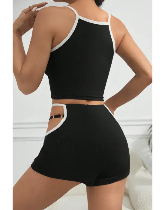 ieg™ Kadın Siyah Beyaz Şortlu Cut-Out Detaylı Gecelik Takımı