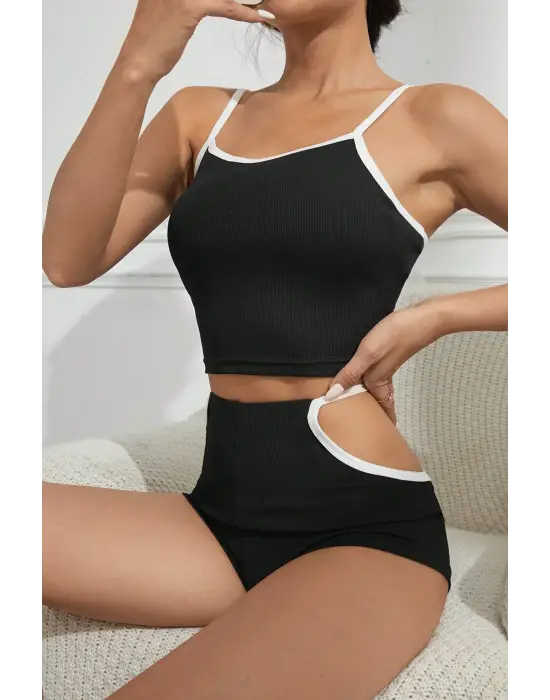 ieg™ Kadın Siyah Beyaz Şortlu Cut-Out Detaylı Gecelik Takımı