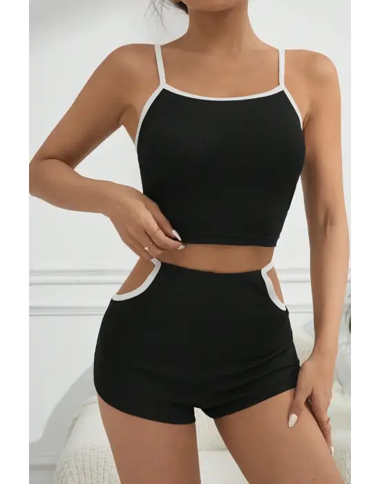 ieg™ Kadın Siyah Beyaz Şortlu Cut-Out Detaylı Gecelik Takımı