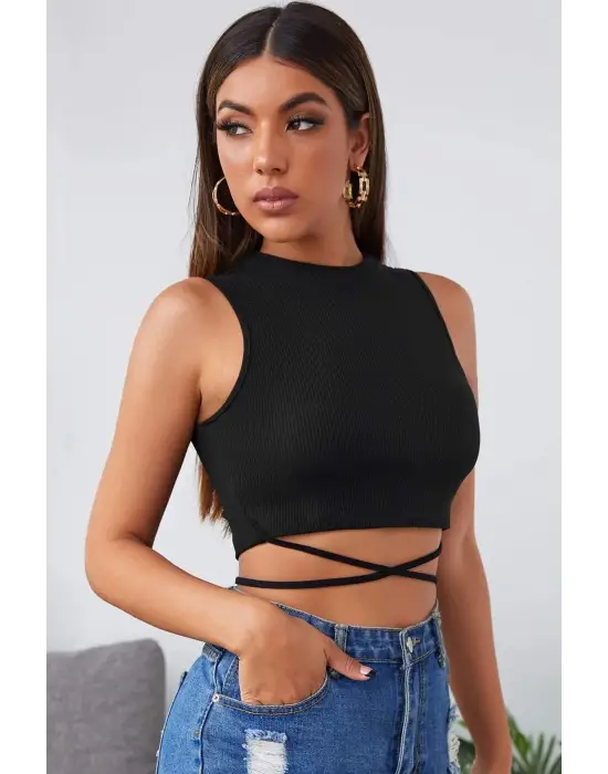 ieg™ Kadın Siyah Çapraz Bağlamalı Crop Top Büstiyer