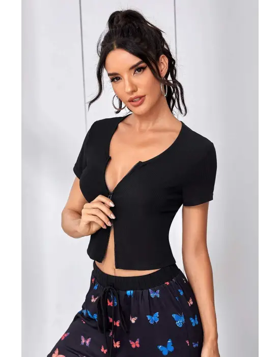 ieg™ Kadın Siyah Çift Fermuarlı Yarım Kol Crop Top Bluz