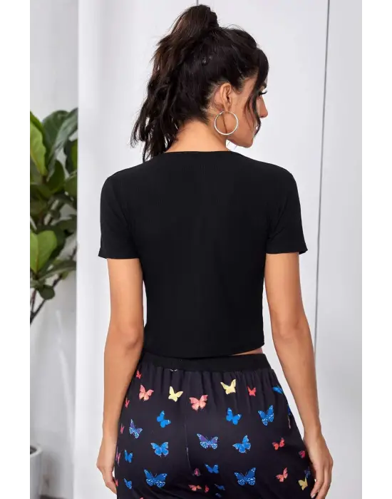 ieg™ Kadın Siyah Çift Fermuarlı Yarım Kol Crop Top Bluz