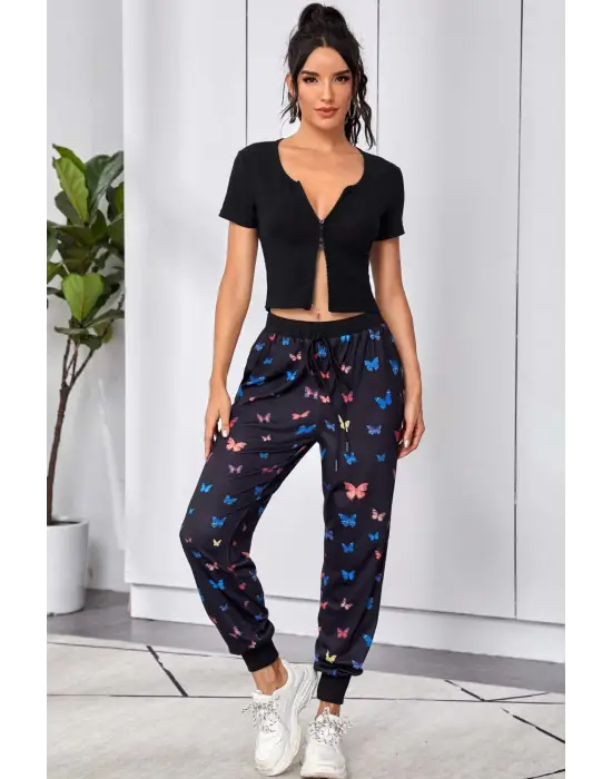 ieg™ Kadın Siyah Çift Fermuarlı Yarım Kol Crop Top Bluz