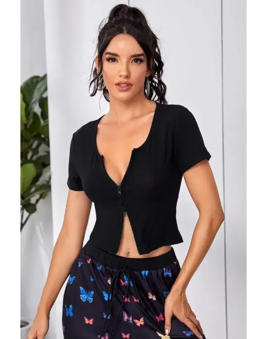 ieg™ Kadın Siyah Çift Fermuarlı Yarım Kol Crop Top Bluz