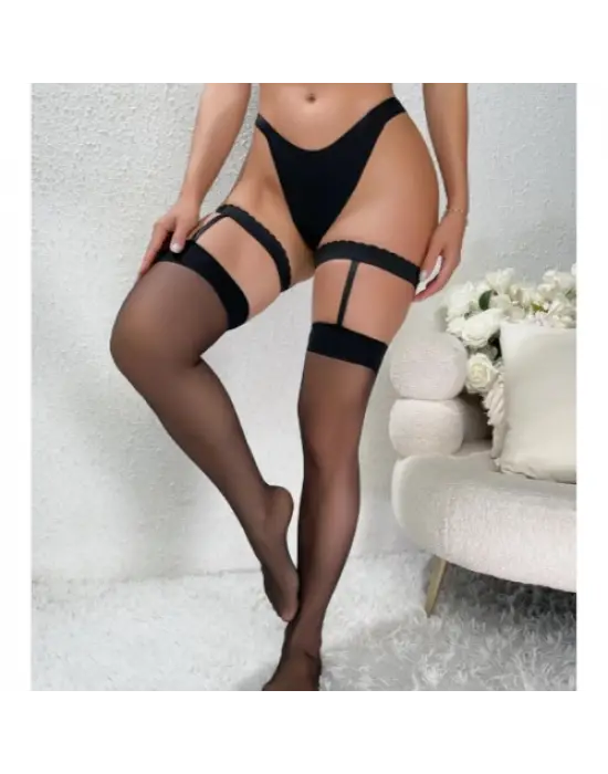 Kadın Siyah Dantel Bacak Bantlı String Jartiyer Çorap Takımı IEG0046