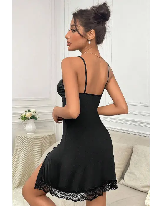 ieg™ Kadın Siyah Dantelli Fiyonklu ve Yırtmaçlı Şık Gecelik