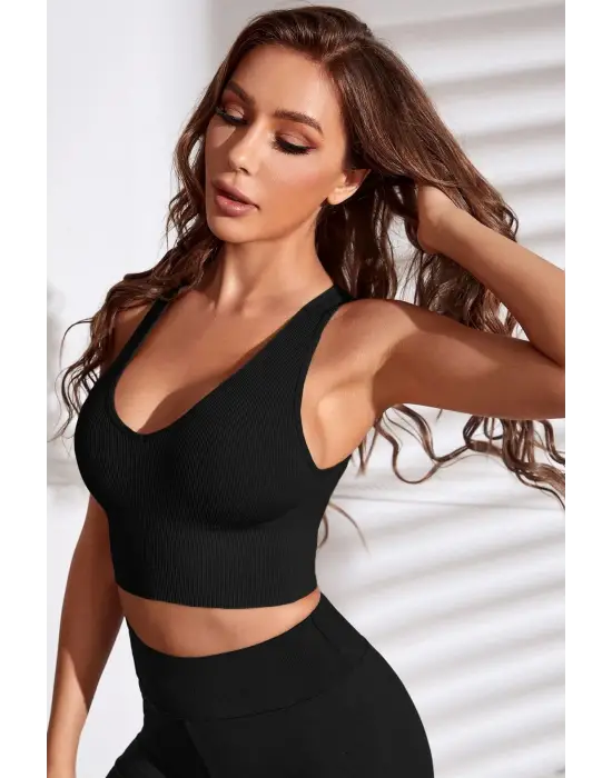 ieg™ Kadın Siyah Derin Göğüs Dekolteli Şık Crop Top Bluz