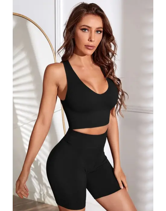 ieg™ Kadın Siyah Derin Göğüs Dekolteli Şık Crop Top Bluz