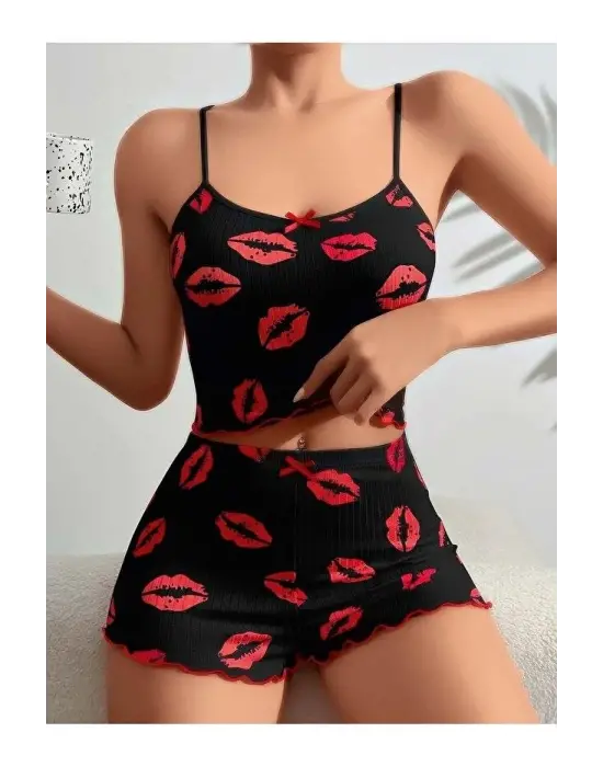 ieg™ Kadın Siyah Dudak Desenli Şortlu Pijama Takımı 5057