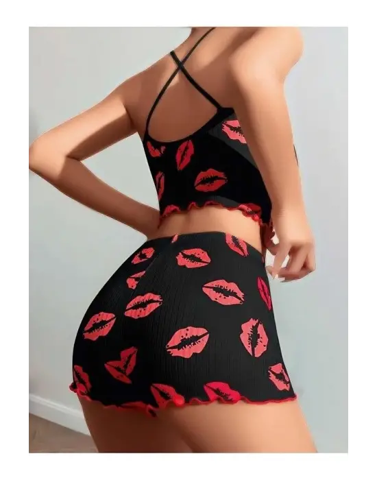 ieg™ Kadın Siyah Dudak Desenli Şortlu Pijama Takımı 5057