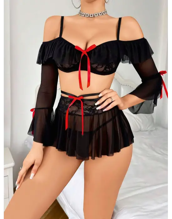 ieg™ Kadın Siyah Etek Bustiyer Sexy Gecelik Takım 2157