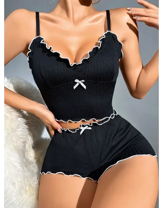 ieg™ Kadın Siyah Fitilli Askılı Şortlu Pijama Takım 5042