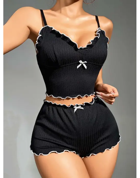 ieg™ Kadın Siyah Fitilli Askılı Şortlu Pijama Takım 5042