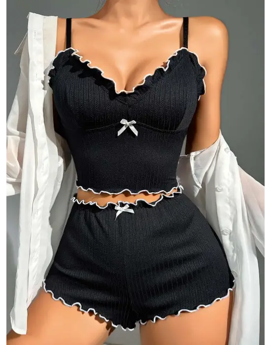 ieg™ Kadın Siyah Fitilli Askılı Şortlu Pijama Takım 5042
