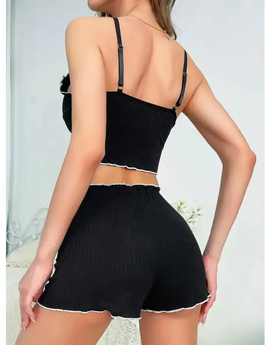 ieg™ Kadın Siyah Fitilli Askılı Şortlu Pijama Takım 5042