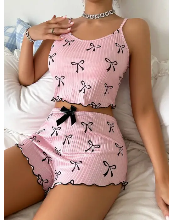 ieg™ Kadın Siyah  Fiyonklu Şortlu Takım Mini Pembe Rahat