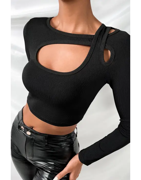 ieg™ Kadın Siyah Göğüs Dekolteli Çapraz Askılı Uzun Kollu Crop Top Bluz