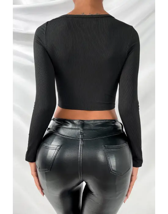 ieg™ Kadın Siyah Göğüs Dekolteli Çapraz Askılı Uzun Kollu Crop Top Bluz