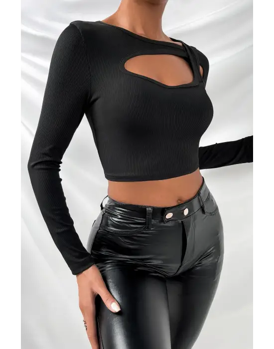ieg™ Kadın Siyah Göğüs Dekolteli Çapraz Askılı Uzun Kollu Crop Top Bluz