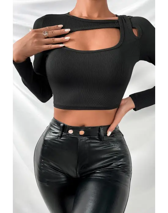 ieg™ Kadın Siyah Göğüs Dekolteli Çapraz Askılı Uzun Kollu Crop Top Bluz