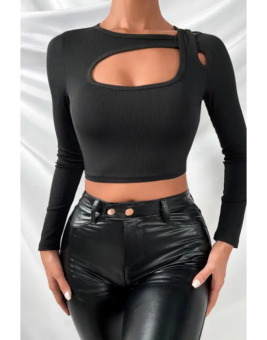 ieg™ Kadın Siyah Göğüs Dekolteli Çapraz Askılı Uzun Kollu Crop Top Bluz