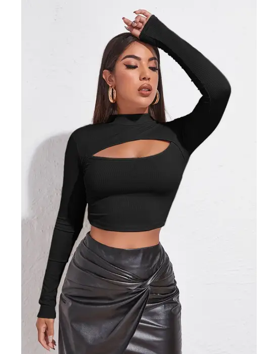 ieg™ Kadın Siyah Göğüs Dekolteli Uzun Kollu Cut Out Crop Top Bluz