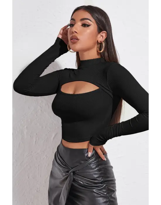 ieg™ Kadın Siyah Göğüs Dekolteli Uzun Kollu Cut Out Crop Top Bluz