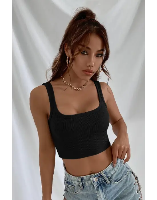 ieg™ Kadın Siyah Kalın Askılı Crop Top Büstiyer
